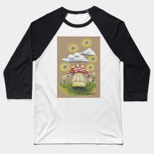 Red Spotted Mushroom and Glowing Fireflies Baseball T-Shirt